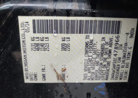 2014 Nissan Maxima 3.5 S/3.5 Sv z USA, uszkodzony, nr VIN 1N4AA5AP1ET478966